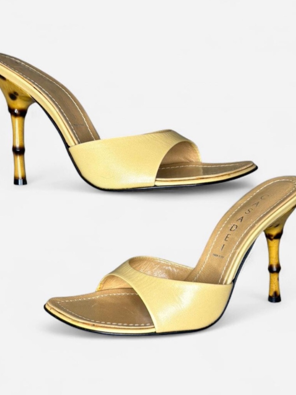 Casadei Pale Yellow Slide Mules with Sculpted Bamboo-Effect Heel
